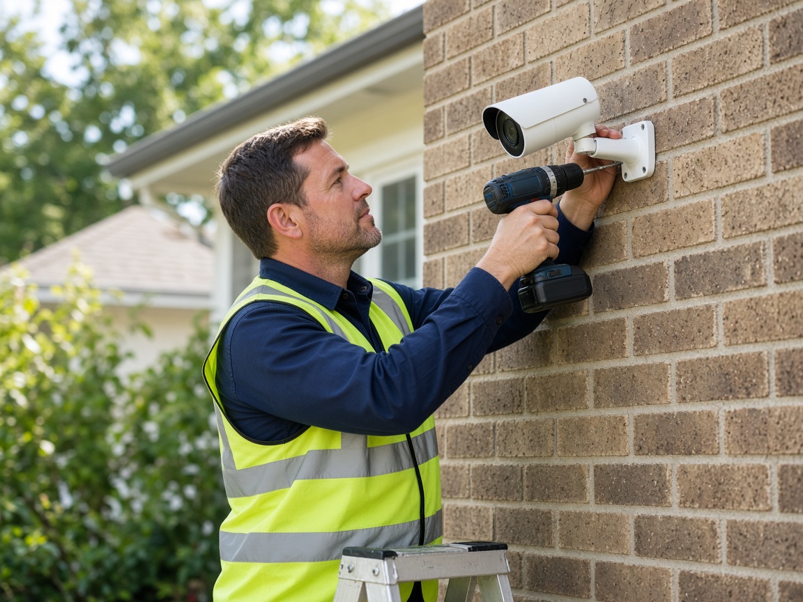 Technician installing an outdoor home security camera